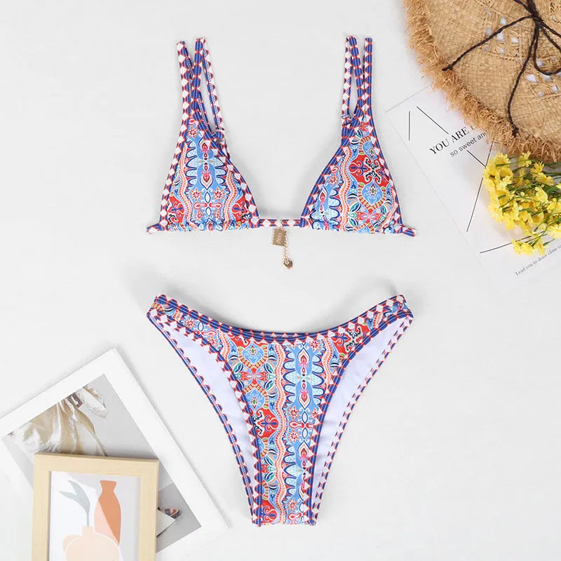 Retro printed women's bikini set in polyester fabric for swimming and wading sports