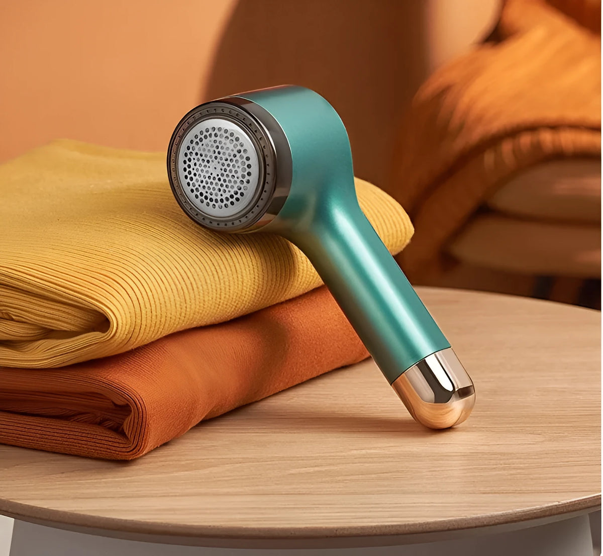 USB rechargeable hair ball trimmer in black, green, red, or white on a fabric background.