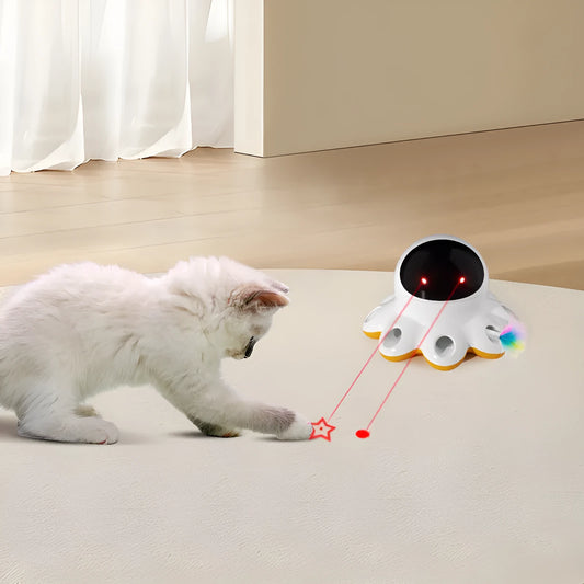 Automatic electric cat toy with shiny feather attachment on black background