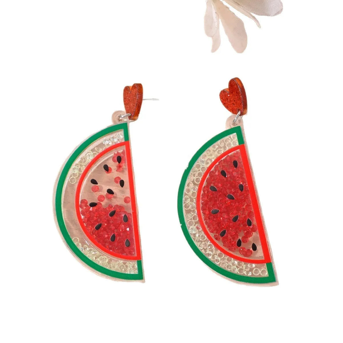 Colourful acrylic earrings with fruit and dessert designs including cherry, strawberry, watermelon, pineapple, coconut, cake and ice cream motifs