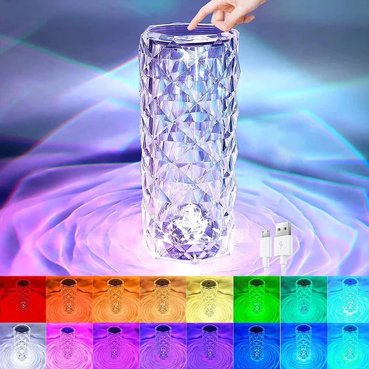LED crystal table lamp showing 16 colour options with touch controls and remote, measuring 15.8cm high