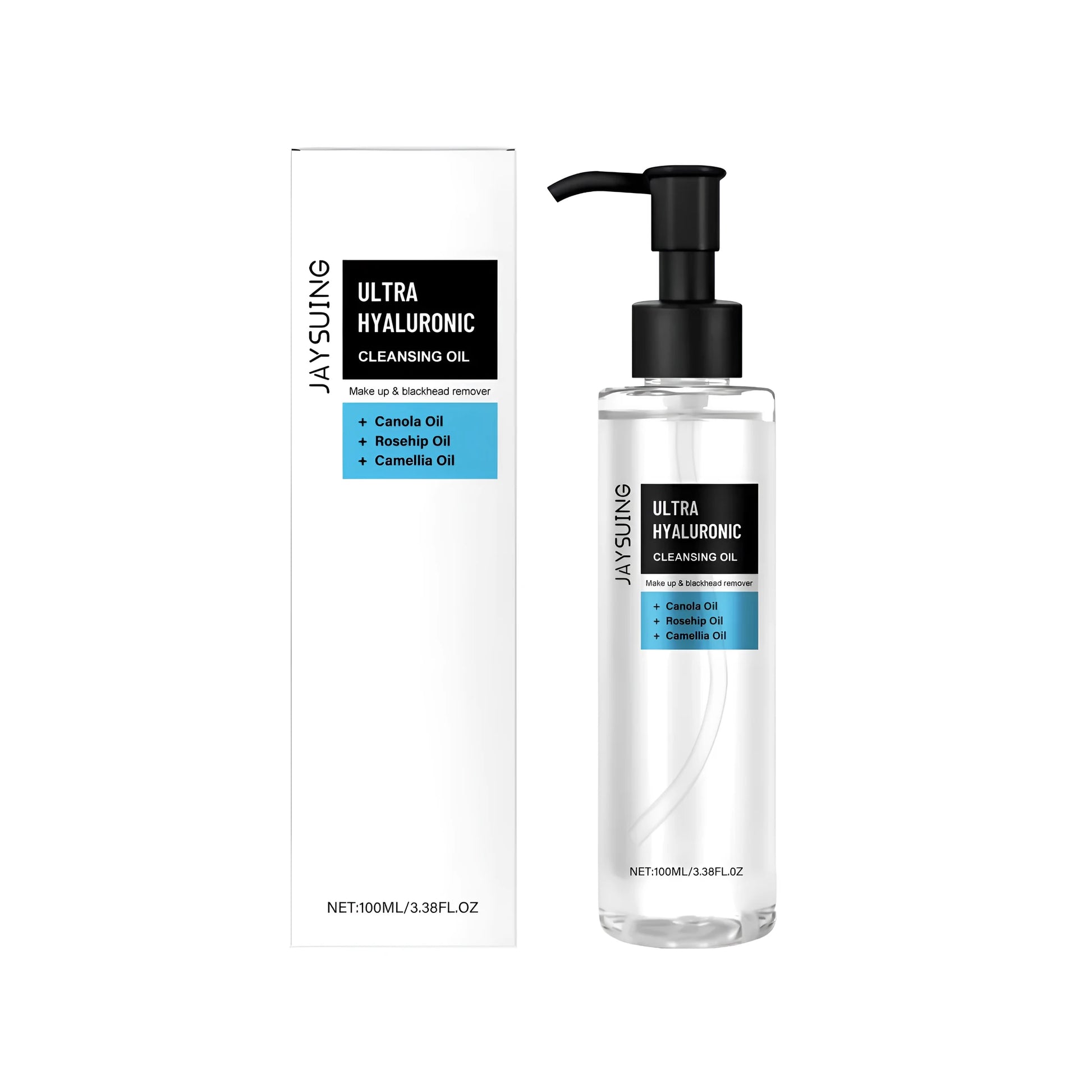 100ml bottle of hyaluronic acid makeup remover oil with rose hip and camellia seed oils