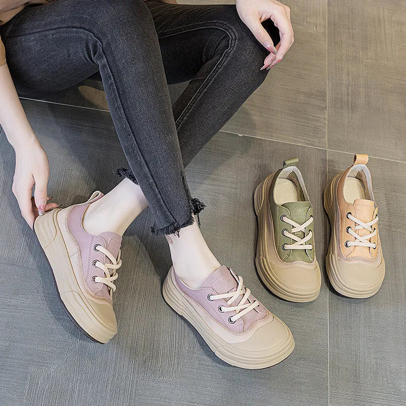 Women's leather platform sneakers in matcha green with round toe and lace-up front