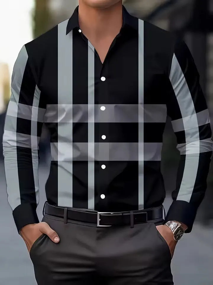 Men's striped long sleeve button-up shirt in polyester available in multiple colours and sizes