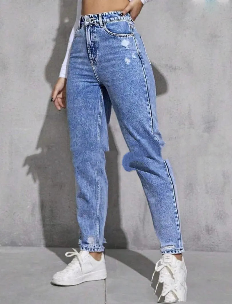 Women's ripped washed skinny jeans in cotton denim with medium stretch, high or mid waist, light blue to dark blue, S to 2XL.