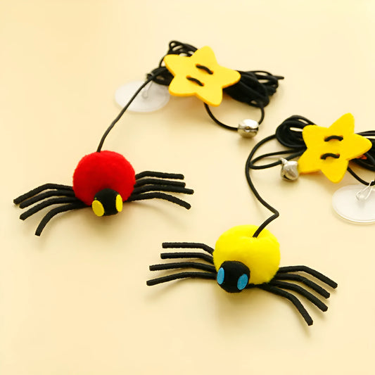 Cat toy hanging from door with elastic rope, colourful feather, bell and soft spider decoration