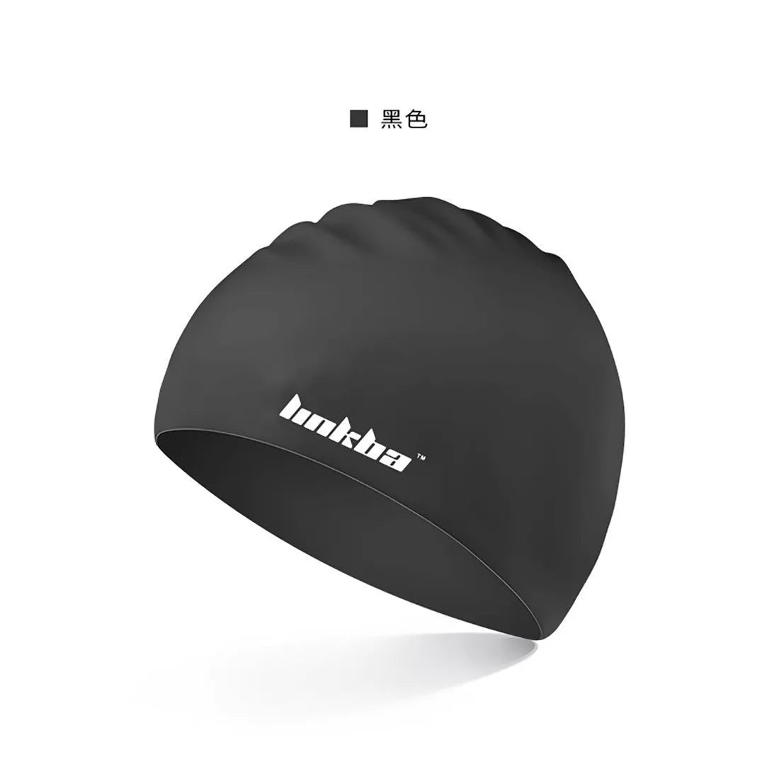 Coloured silicone adult swimming cap with letter pattern and built-in earmuff design.