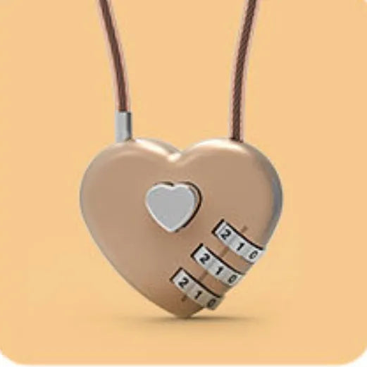 Peach heart-shaped ABS plastic bicycle helmet lock with a long steel cable, shown in various colours.