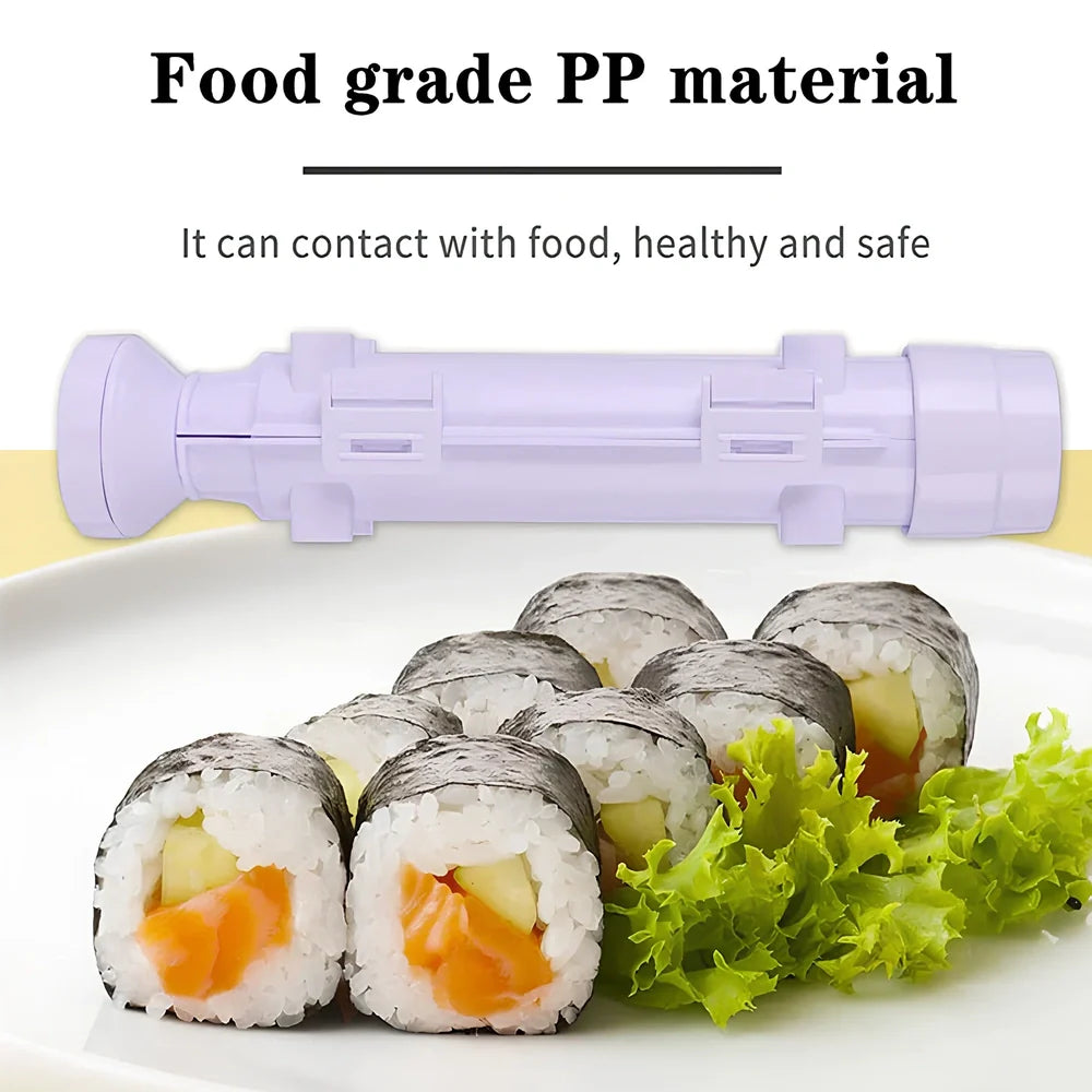 Manual sushi maker tool creating 2.5cm diameter rolls with food-grade plastic construction