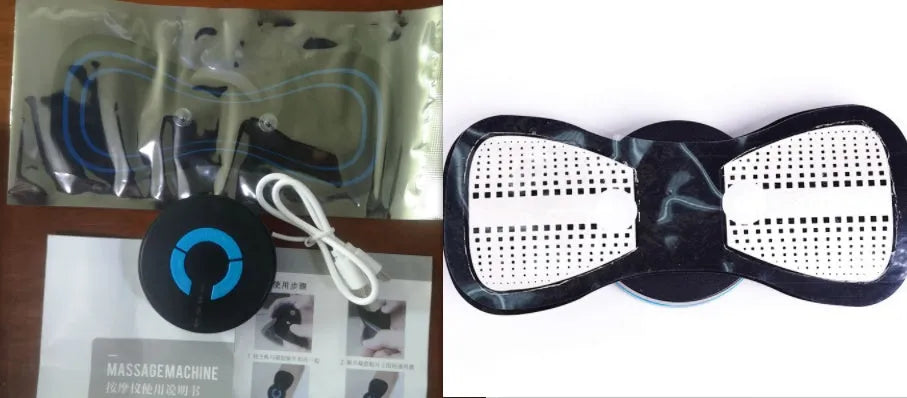 Black HQ-185 mini electric shoulder and neck massager with massage patch, showing compact 15cm size.