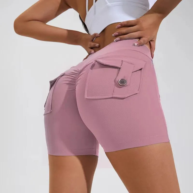 Women's high-waist fitness shorts with pockets in quick-dry nylon fabric