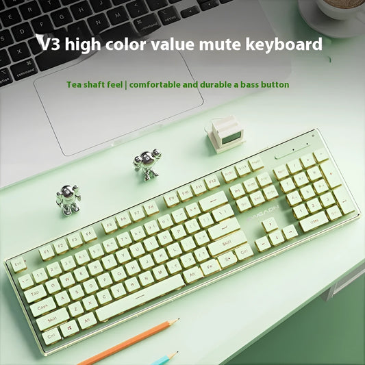 Prewalker V3 retro green mechanical feel keyboard and mouse set on a desk.