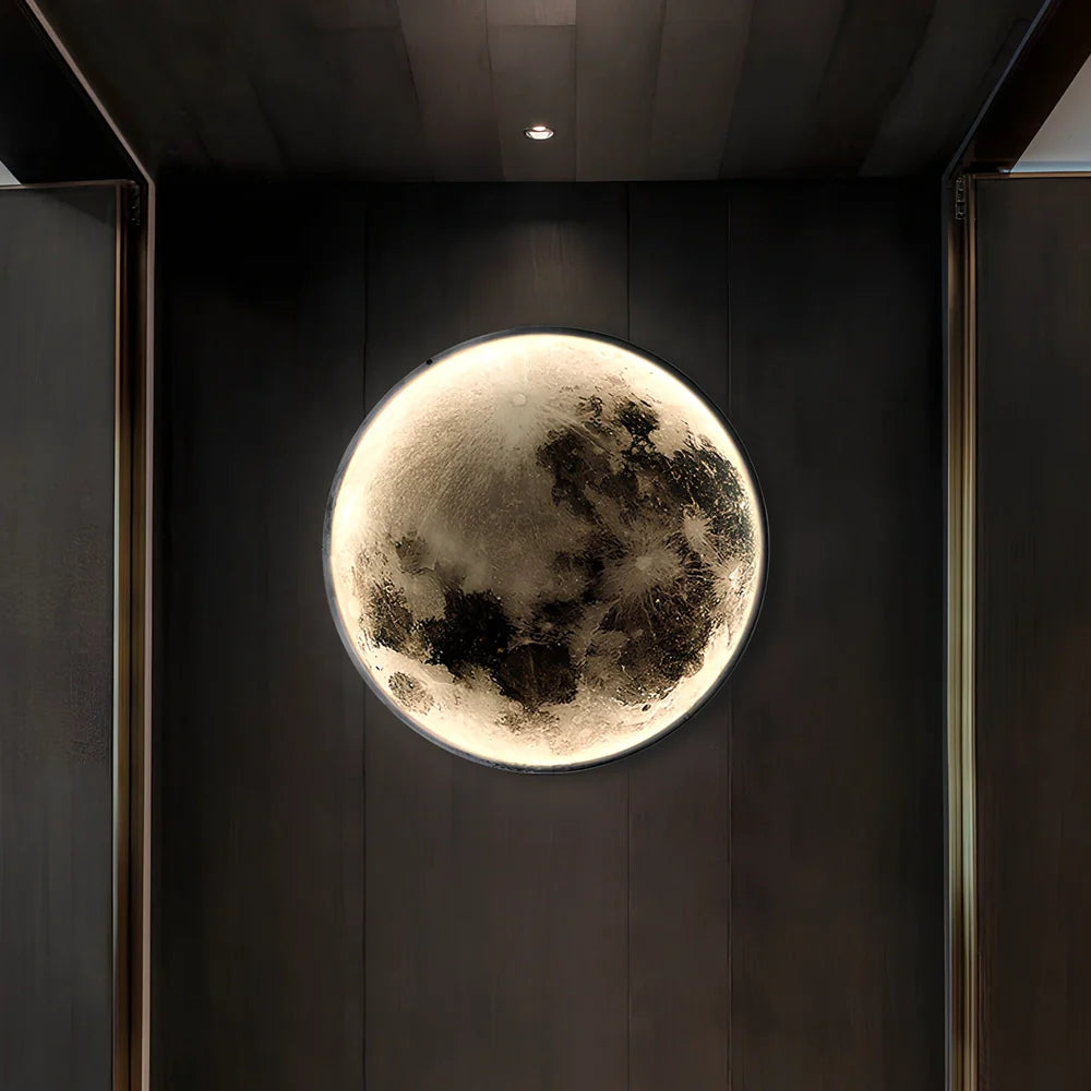 Moon wall lamp with 300mm diameter and warm dimmable light mounted on bedroom wall