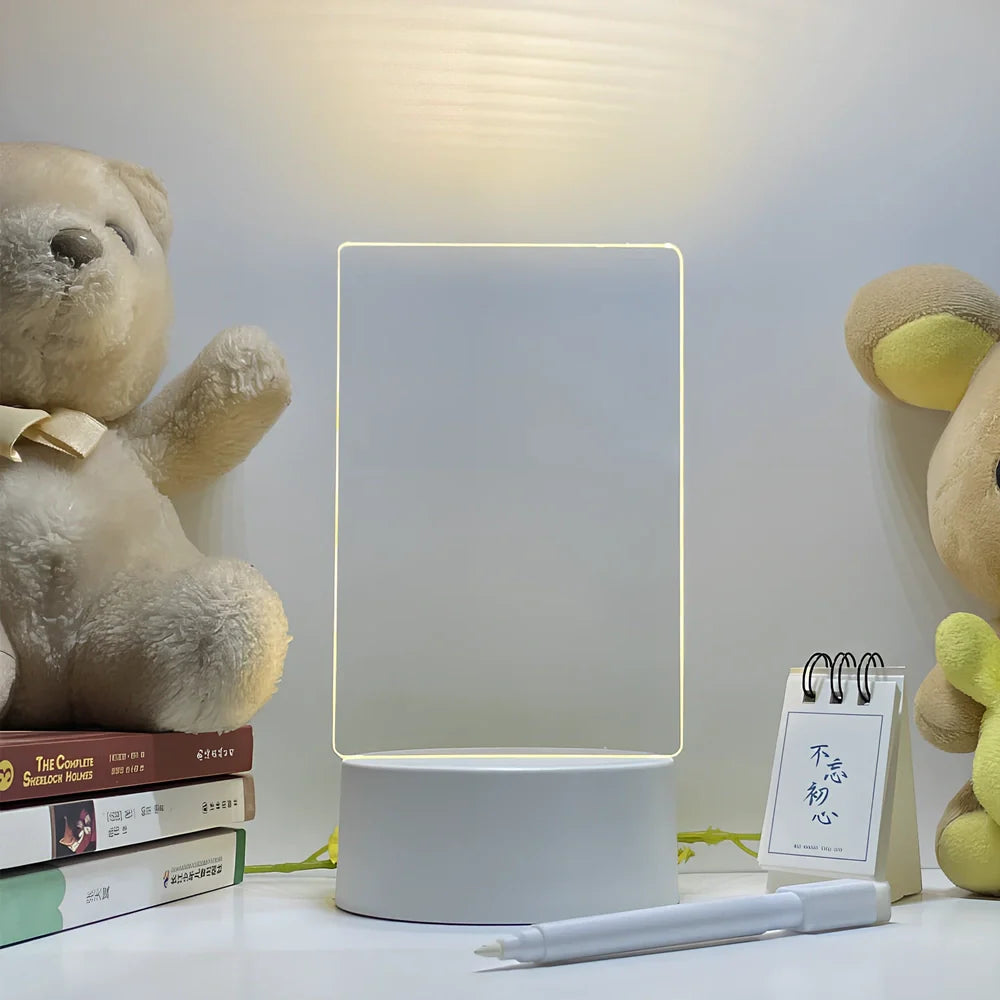 USB message board night lamp with round, rectangular and heart-shaped picture frames on 10cm base