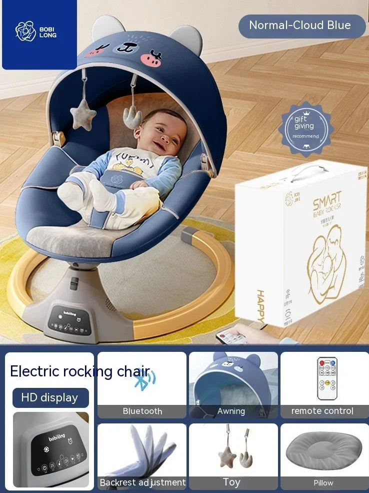 Cloud mist blue electric baby rocking chair with mosquito net and toy holder