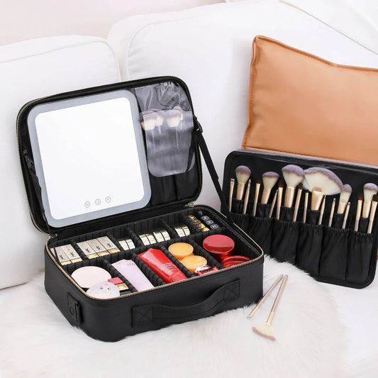 Portable black PU makeup storage bag with integrated LED mirror and USB cable connection