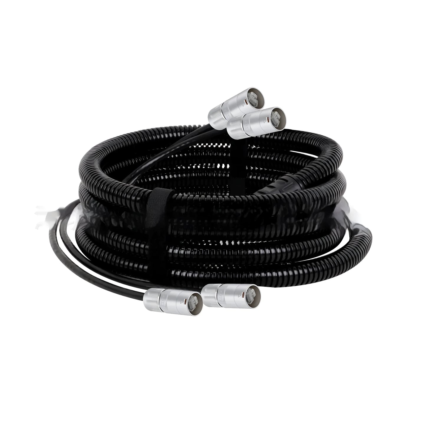 A coiled Cat6 Ethernet extension cable with black PVC jacket and clear RJ45 connectors on a white background.