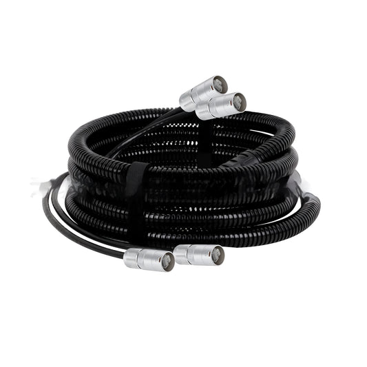 A coiled Cat6 Ethernet extension cable with black PVC jacket and clear RJ45 connectors on a white background.