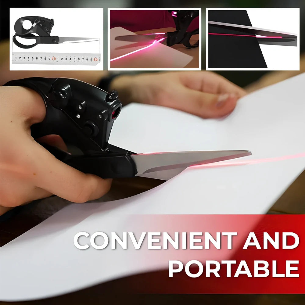 Black laser-guided scissors with red beam cutting straight line on wrapping paper