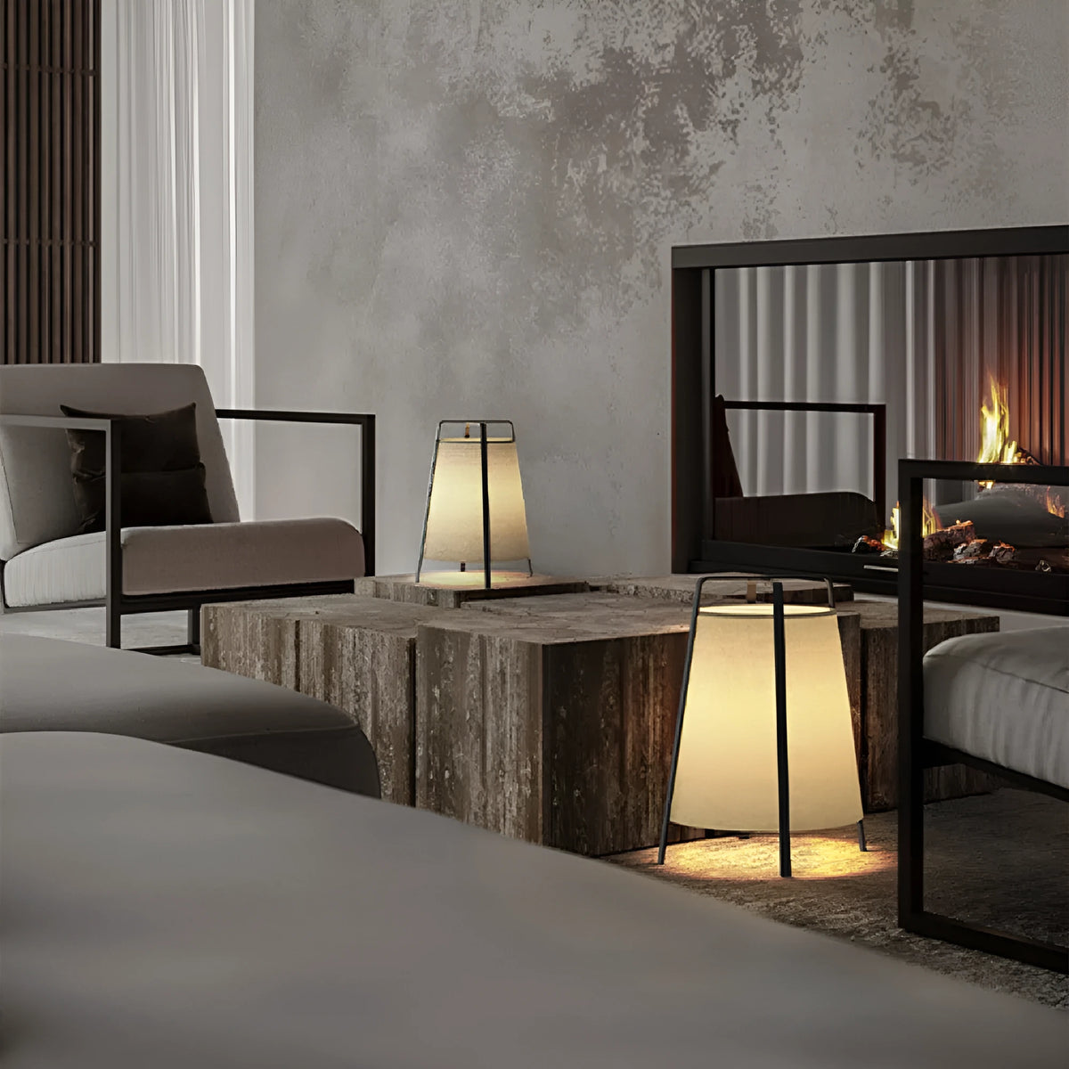 Japanese wabi-sabi floor lamp with cloth shade, iron frame, LED light source and push-button switch