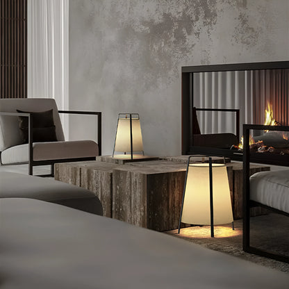 Japanese wabi-sabi floor lamp with cloth shade, iron frame, LED light source and push-button switch