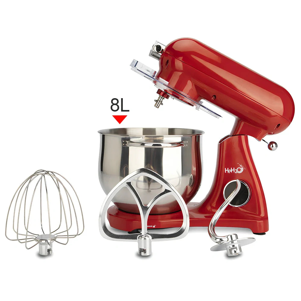 Red SM-1522ML stand mixer with metal body, digital controls, and stainless steel mixing bowl on kitchen counter