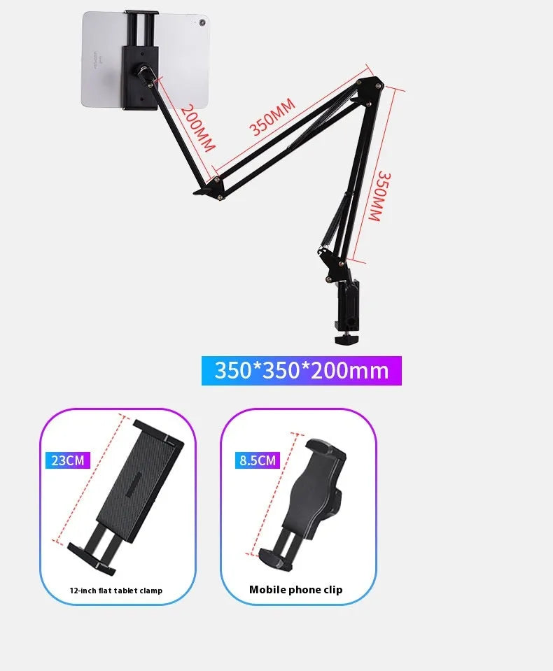 Black foldable metal desktop bracket holding tablet with adjustable cantilever arm