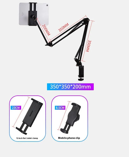 Black foldable metal desktop bracket holding tablet with adjustable cantilever arm