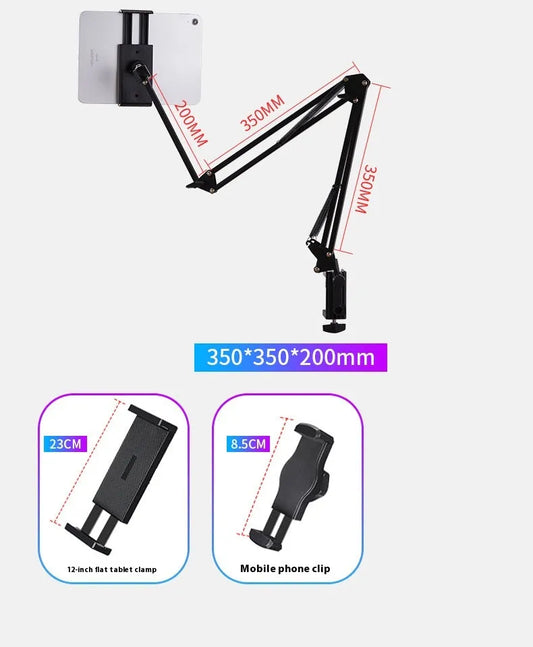 Black foldable metal desktop bracket holding tablet with adjustable cantilever arm