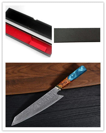 Premium 67-layer Damascus steel chef's knife with elegant brocade pattern, durable corrosion-resistant construction, and ergonomic handle for exceptional cutting performance