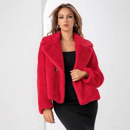 Women's loose short faux fur coat in rose red colour showing 50cm length and regular sleeves
