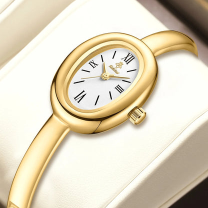 Women's oval retro quartz watch in gold colour with slim 8mm case thickness