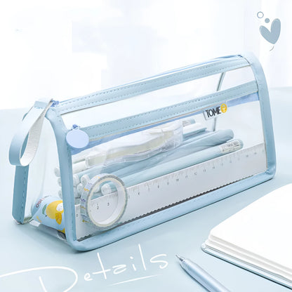 Transparent double-layer pencil case in blue showing organised stationery inside compartments