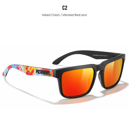 Square polarised sunglasses with TAC lenses and a PC frame, shown in one of 12 available colour options.