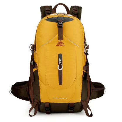 AZELA Electron 40L hiking backpack in white and navy with multiple compartments and adjustable straps