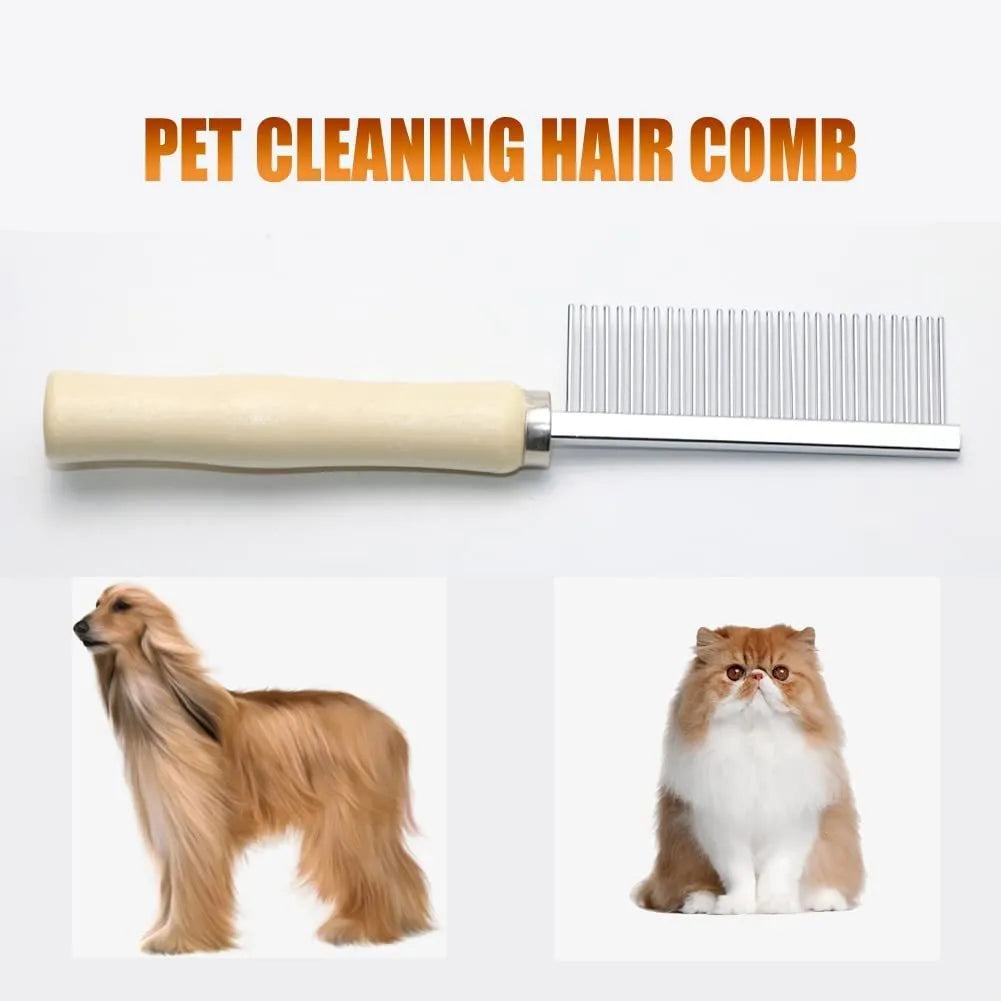 Wooden handle pet grooming comb with rounded needles for dogs and cats on a neutral background