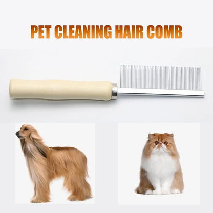 Wooden handle pet grooming comb with rounded needles for dogs and cats on a neutral background