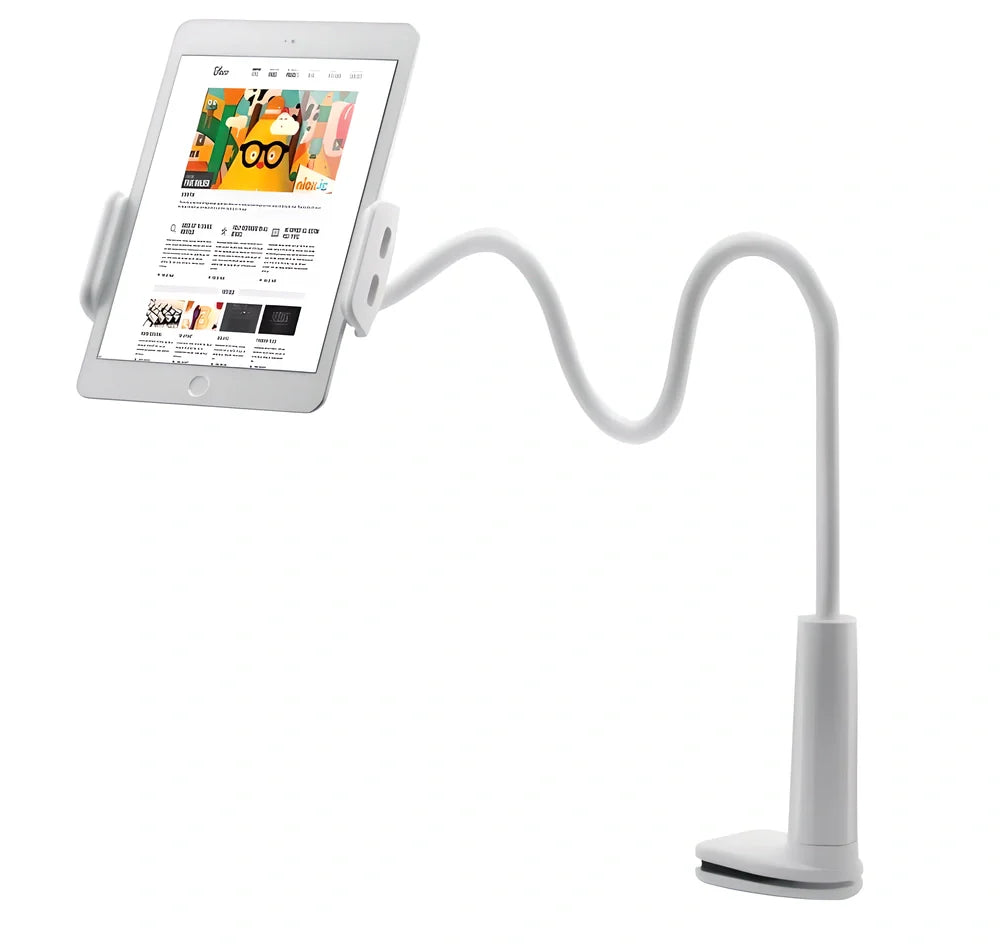 Adjustable tablet and phone stand with gooseneck design for flexible positioning and hands-free use