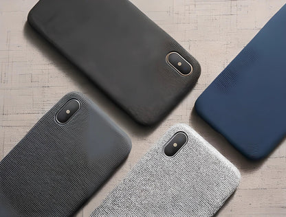 FLOVEME Textile Cloth iPhone Case in dark grey color, featuring a unique and stylish design for enhanced protection and sophisticated elegance.