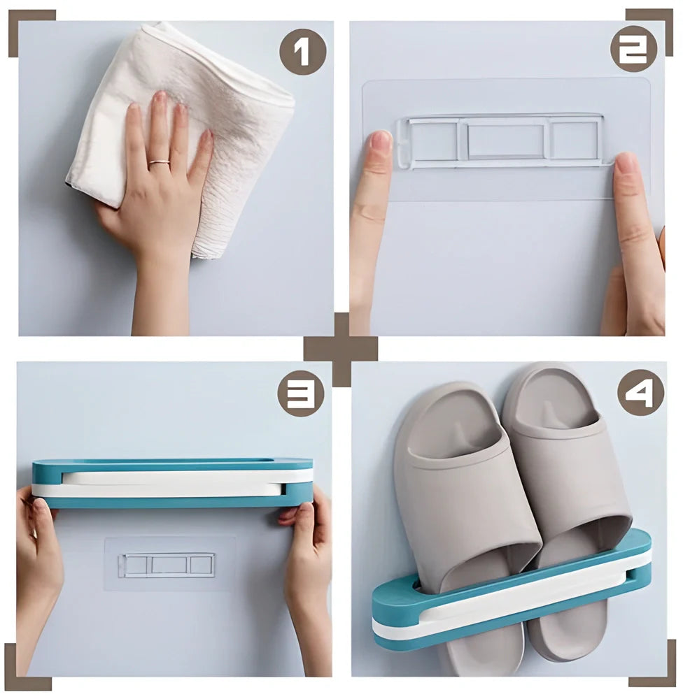 Fold-Away Slipper Organizer made of sturdy ABS plastic with a foldable design and adhesive backing for damage-free installation