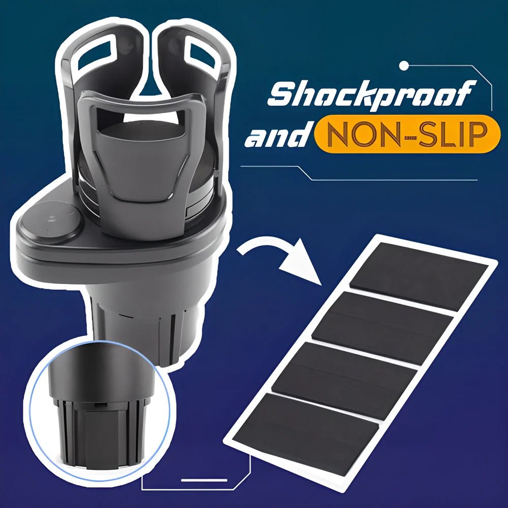 Multipurpose Car Cup Holder and Organizer with rotating design, adjustable cup mouth, and non-slip base