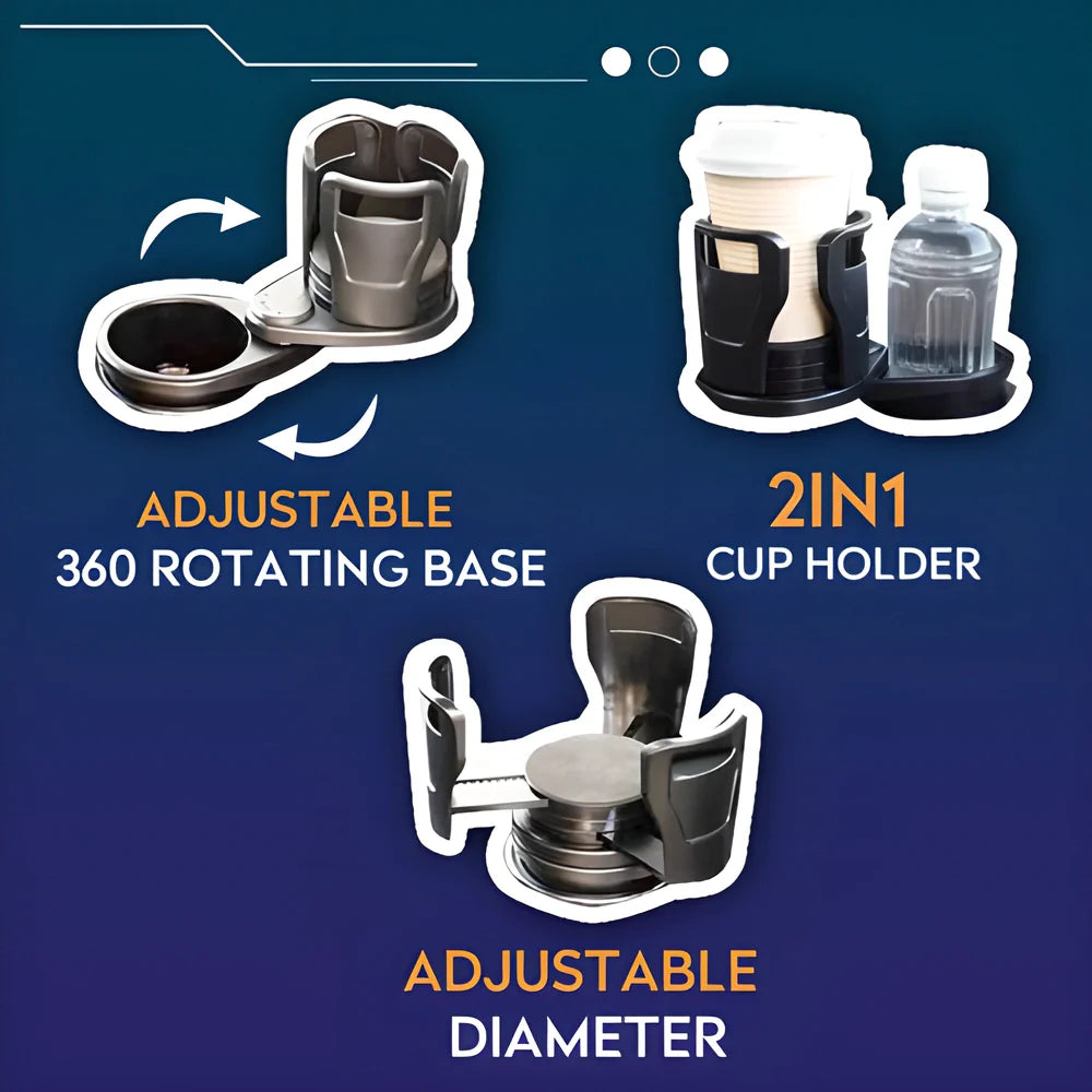 Multipurpose Car Cup Holder and Organizer with rotating design, adjustable cup mouth, and non-slip base