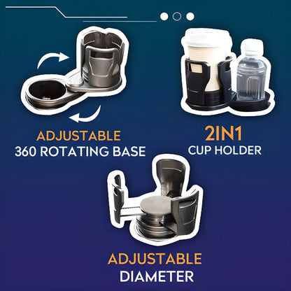 Multipurpose Car Cup Holder and Organizer with rotating design, adjustable cup mouth, and non-slip base