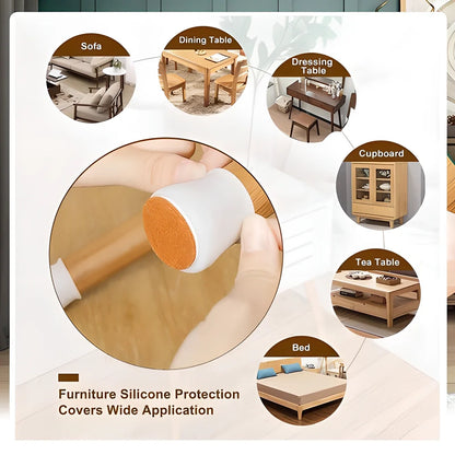 Silicone Furniture Leg Covers in various sizes and colors, designed to protect floors from scratches and noise