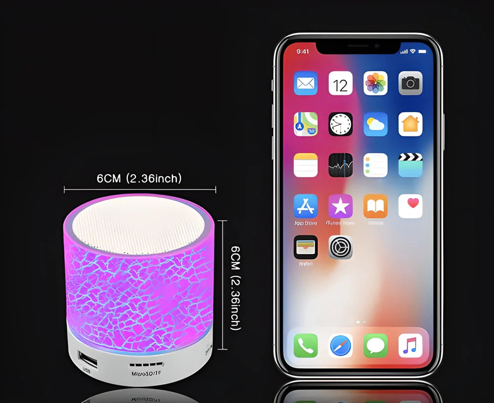 DancingLight Mini LED Bluetooth Speaker with 10-meter wireless range and built-in microphone for hands-free calling