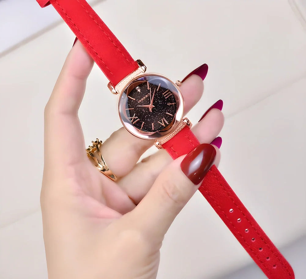 Gogoey Modern Elegant Women's Watch with stainless steel rose-gold case, hardlex crystal, and adjustable PU leather strap