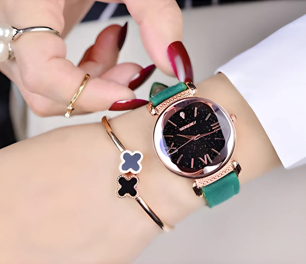 Gogoey Modern Elegant Women's Watch with stainless steel rose-gold case, hardlex crystal, and adjustable PU leather strap