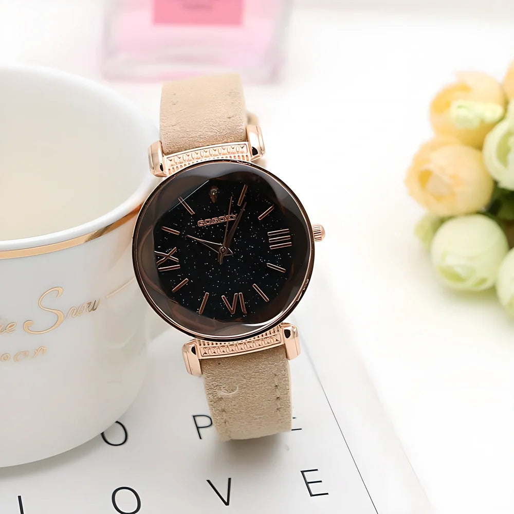 Gogoey Modern Elegant Women's Watch with stainless steel rose-gold case, hardlex crystal, and adjustable PU leather strap
