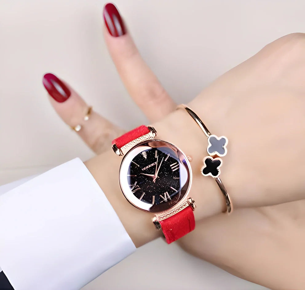 Gogoey Modern Elegant Women's Watch with stainless steel rose-gold case, hardlex crystal, and adjustable PU leather strap