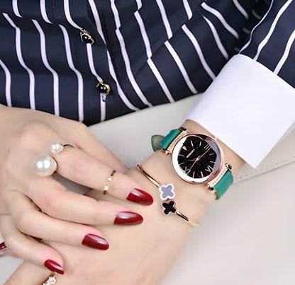 Gogoey Modern Elegant Women's Watch with stainless steel rose-gold case, hardlex crystal, and adjustable PU leather strap